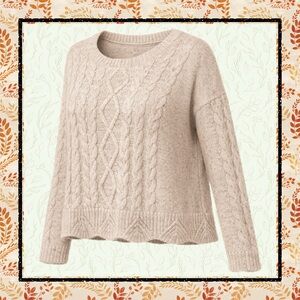 Lucky Brand Cable Knit Sweater Large NWT Cream Scalloped Hem Pullover